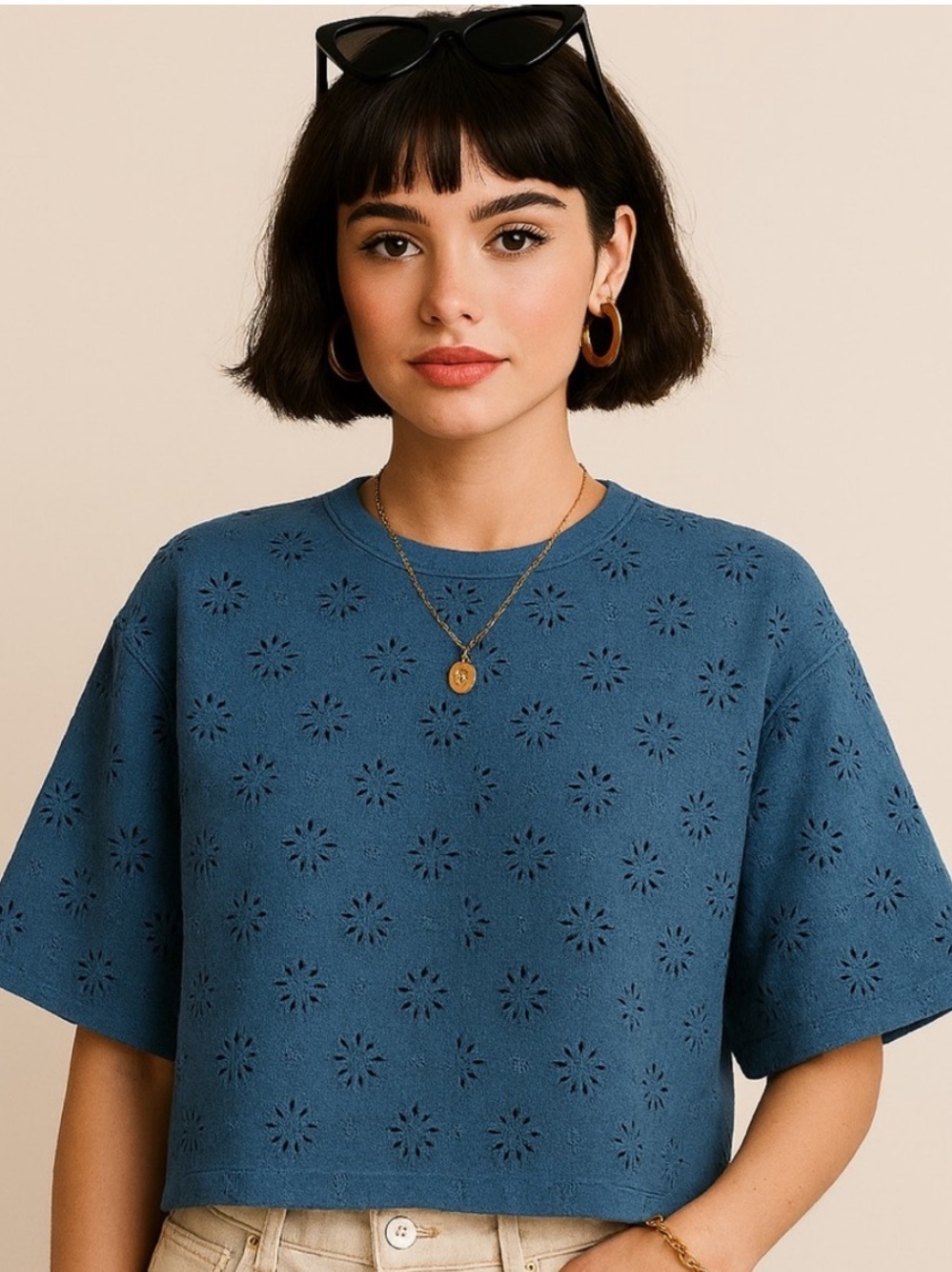 Madewell NWT Embroidered Wide Sleeve Boxy Tee Size Medium in Sunfaded Blue